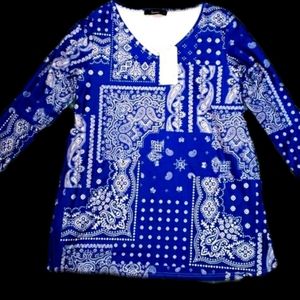 (T-8)Sakurafina Paisley Pattern Long Sleeve Top, Blue & White, Small